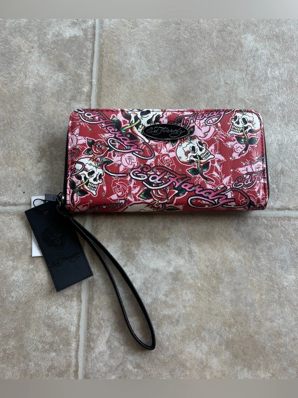 Ed Hardy Pink Skull & Rose Zip-Around Wristlet